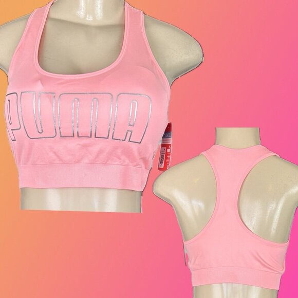 Puma L Peach Metallic Logo Removal Pads Scoop Neck DryCell Racerback Sports Bra - Picture 1 of 6